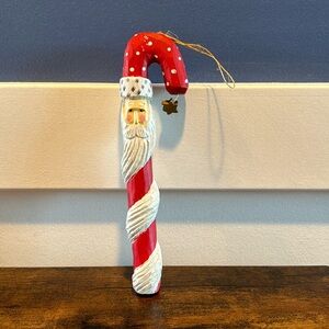 Candy Cane Santa Ornament Carved Christmas Wood wrapped white beard star